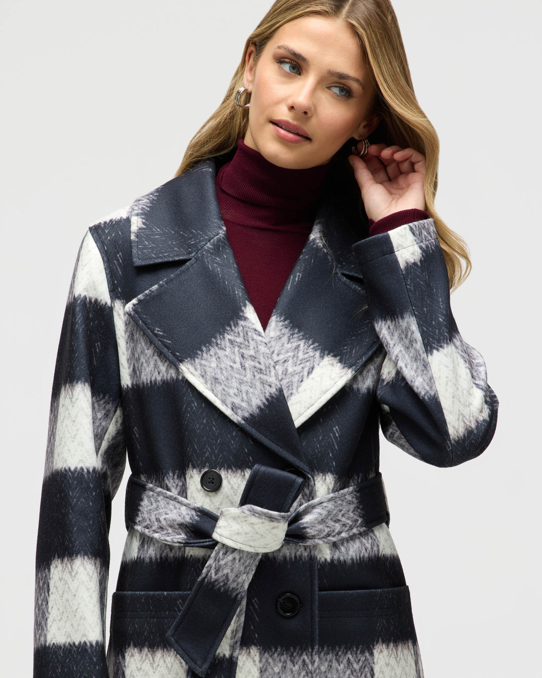 Oversized Faux Wool Buffalo Check Belted Coat