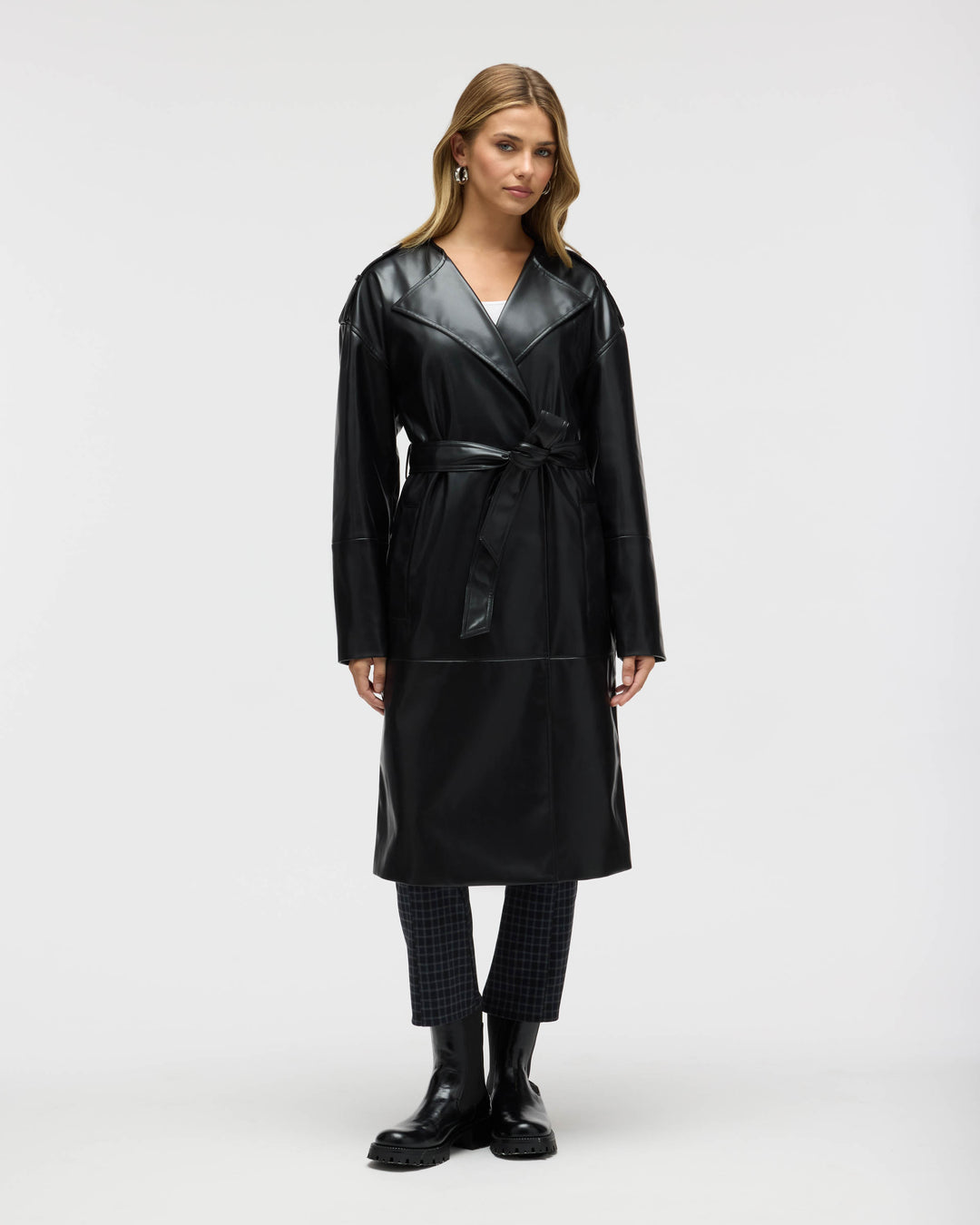 Poet Lapel Belted Faux Leather Trench Coat