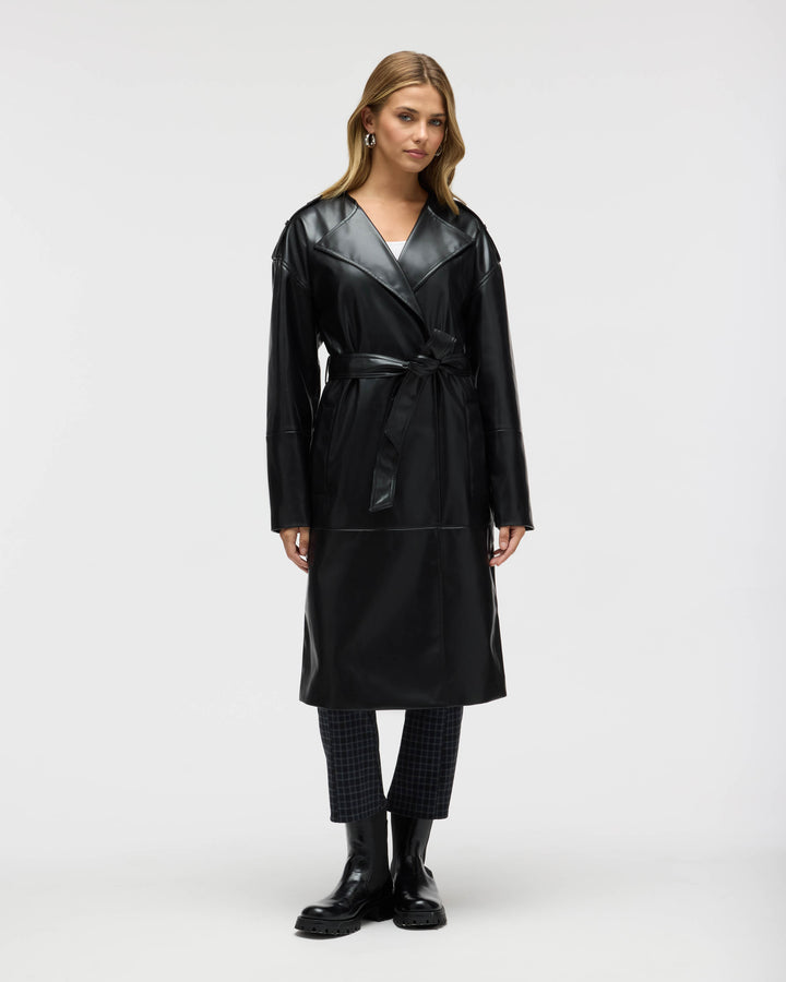 Poet Lapel Belted Faux Leather Trench Coat