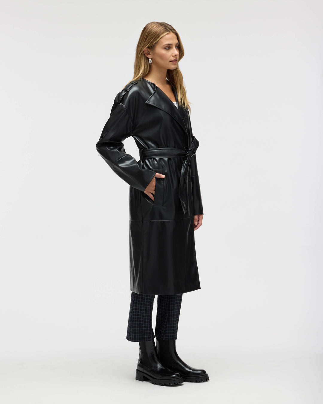 Poet Lapel Belted Faux Leather Trench Coat