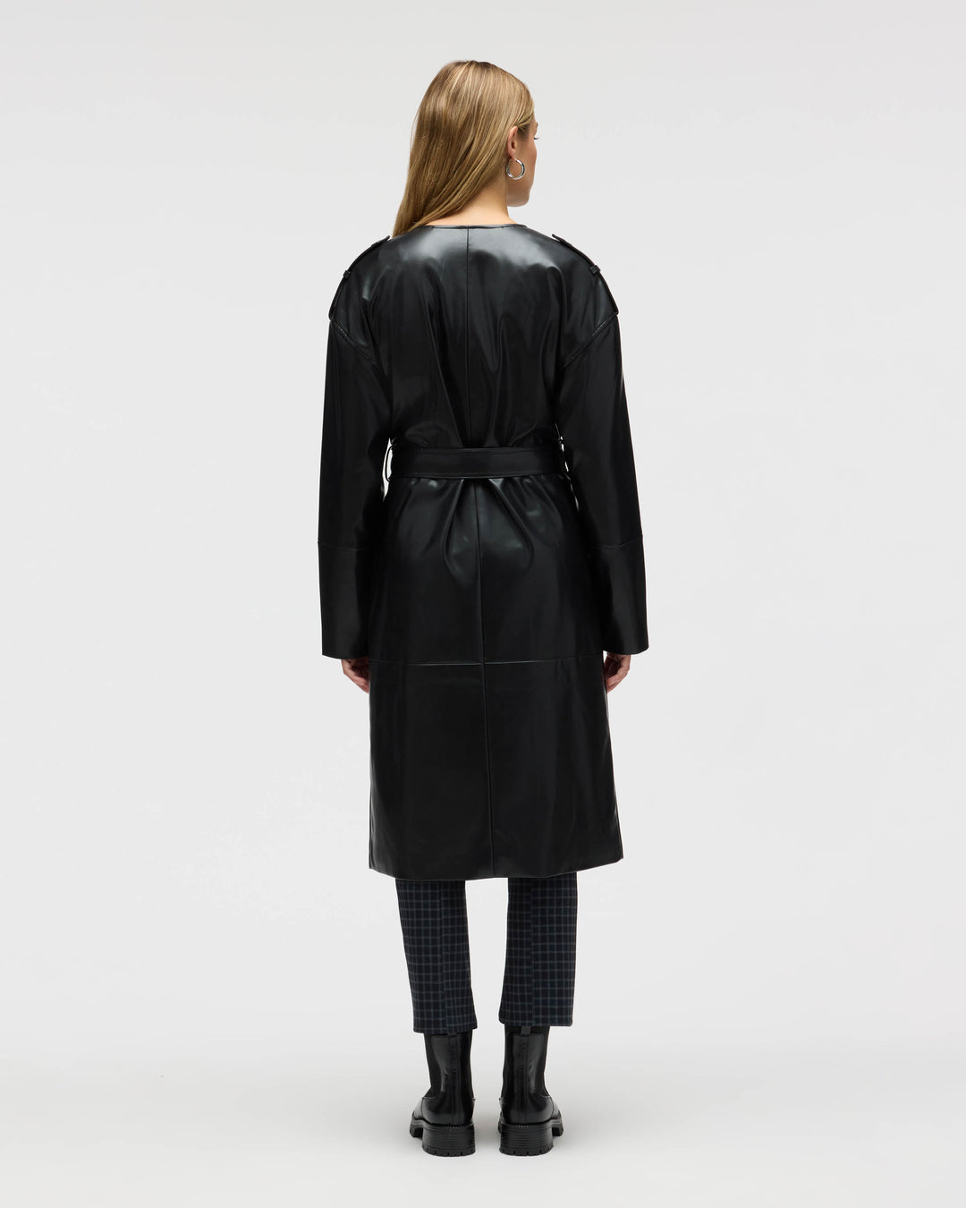 Poet Lapel Belted Faux Leather Trench Coat