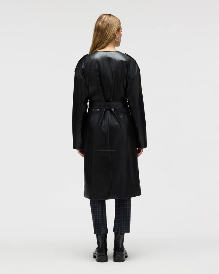 Poet Lapel Belted Faux Leather Trench Coat