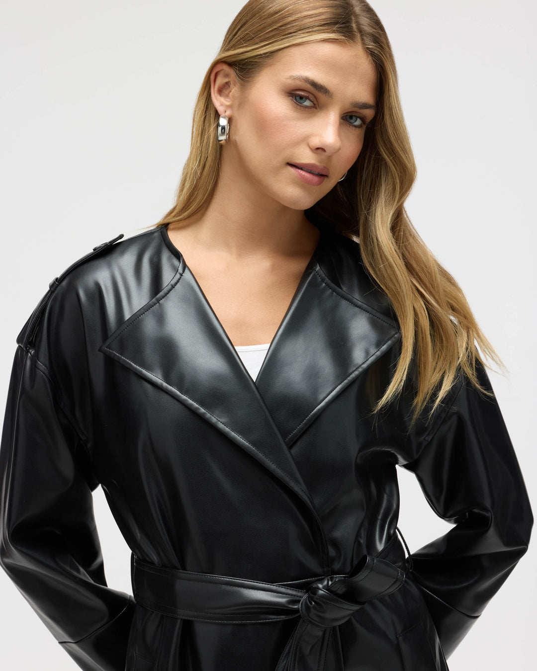 Poet Lapel Belted Faux Leather Trench Coat
