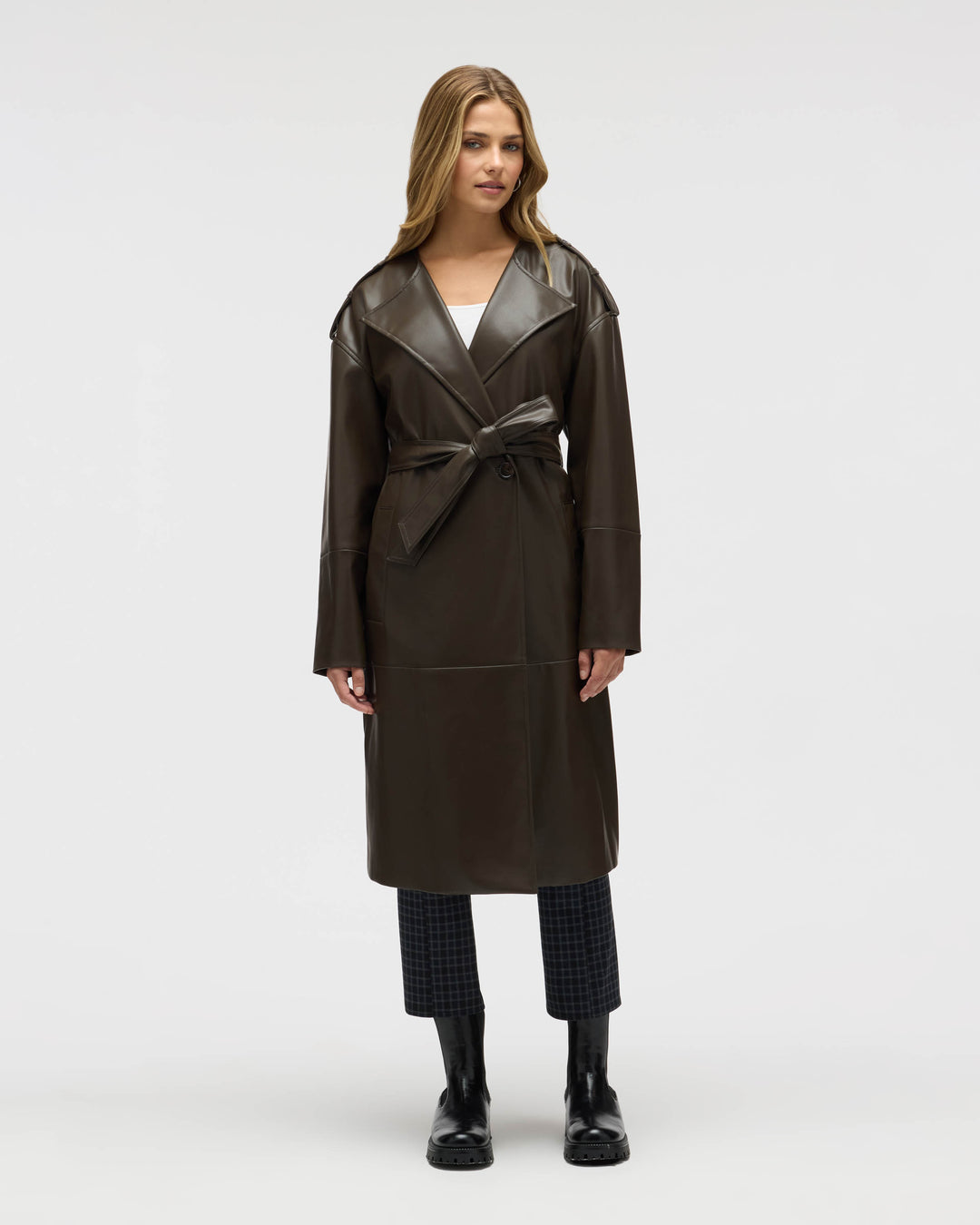 Poet Lapel Belted Faux Leather Trench Coat