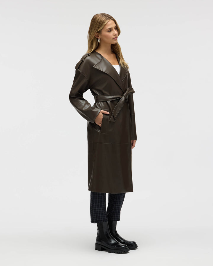 Poet Lapel Belted Faux Leather Trench Coat