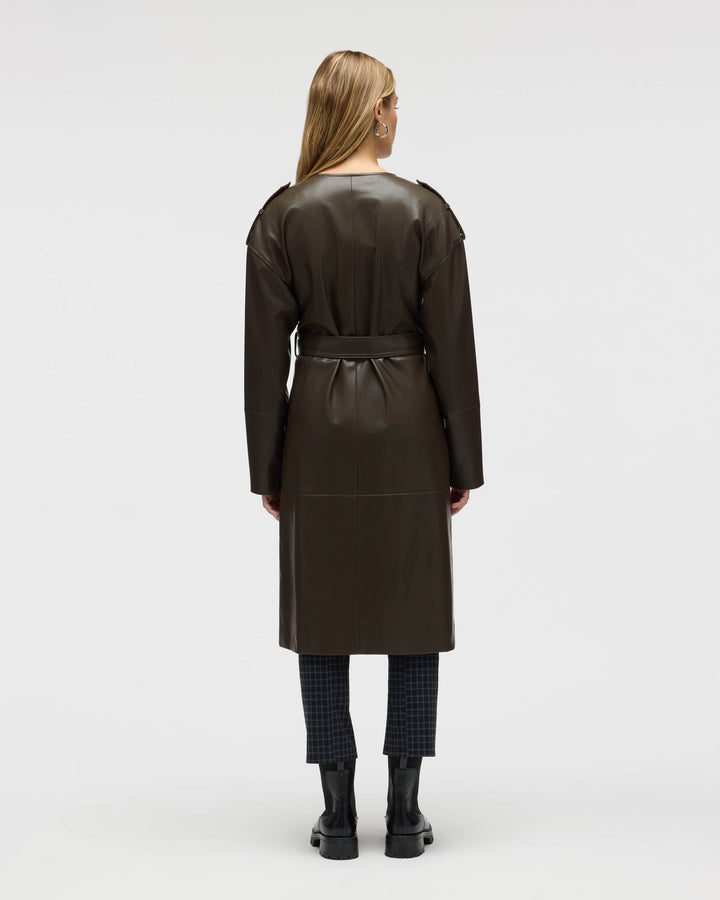 Poet Lapel Belted Faux Leather Trench Coat