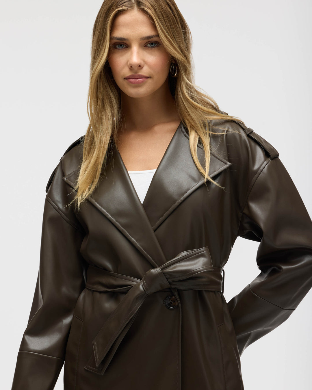 Poet Lapel Belted Faux Leather Trench Coat