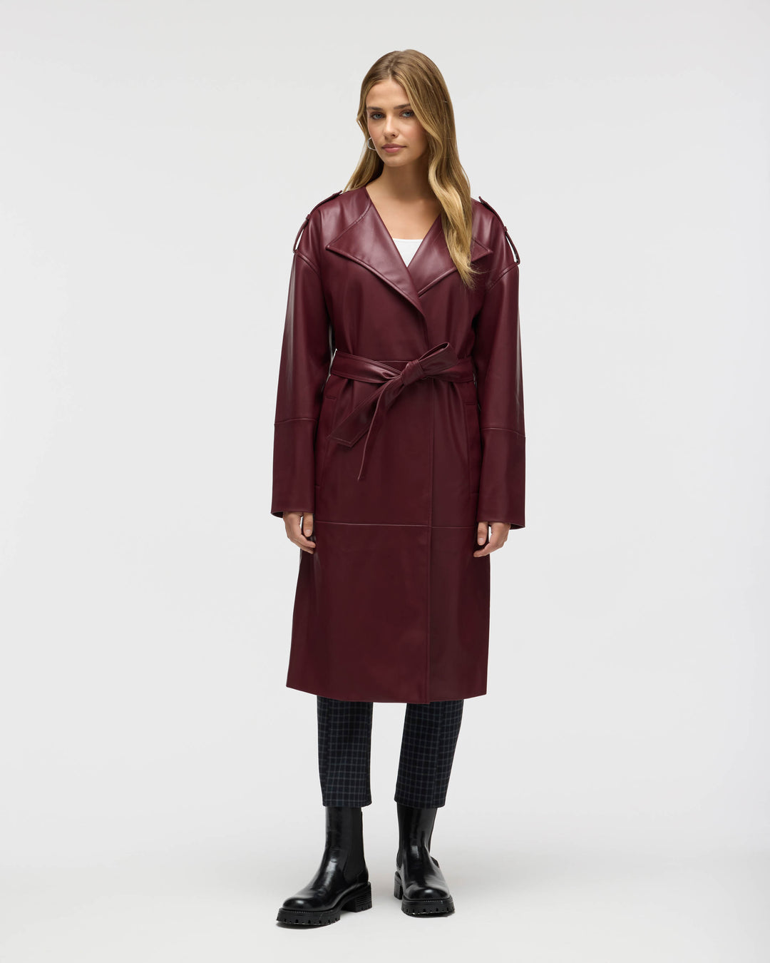 Poet Lapel Belted Faux Leather Trench Coat