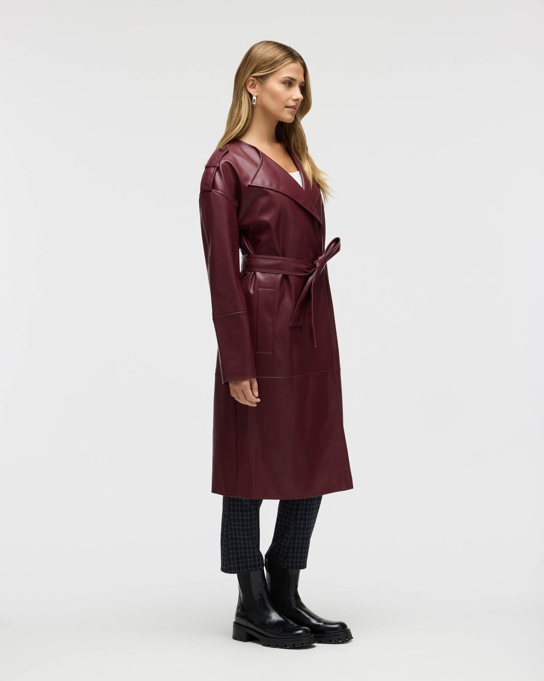 Poet Lapel Belted Faux Leather Trench Coat