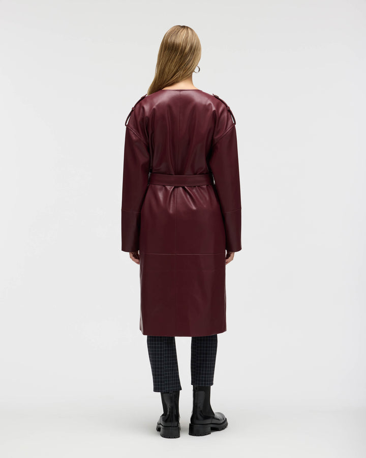 Poet Lapel Belted Faux Leather Trench Coat