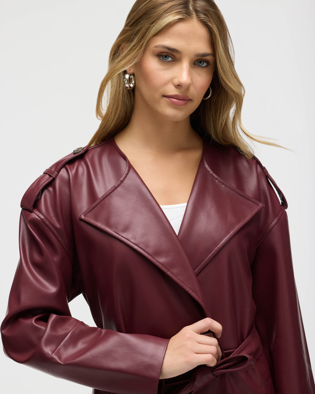 Poet Lapel Belted Faux Leather Trench Coat