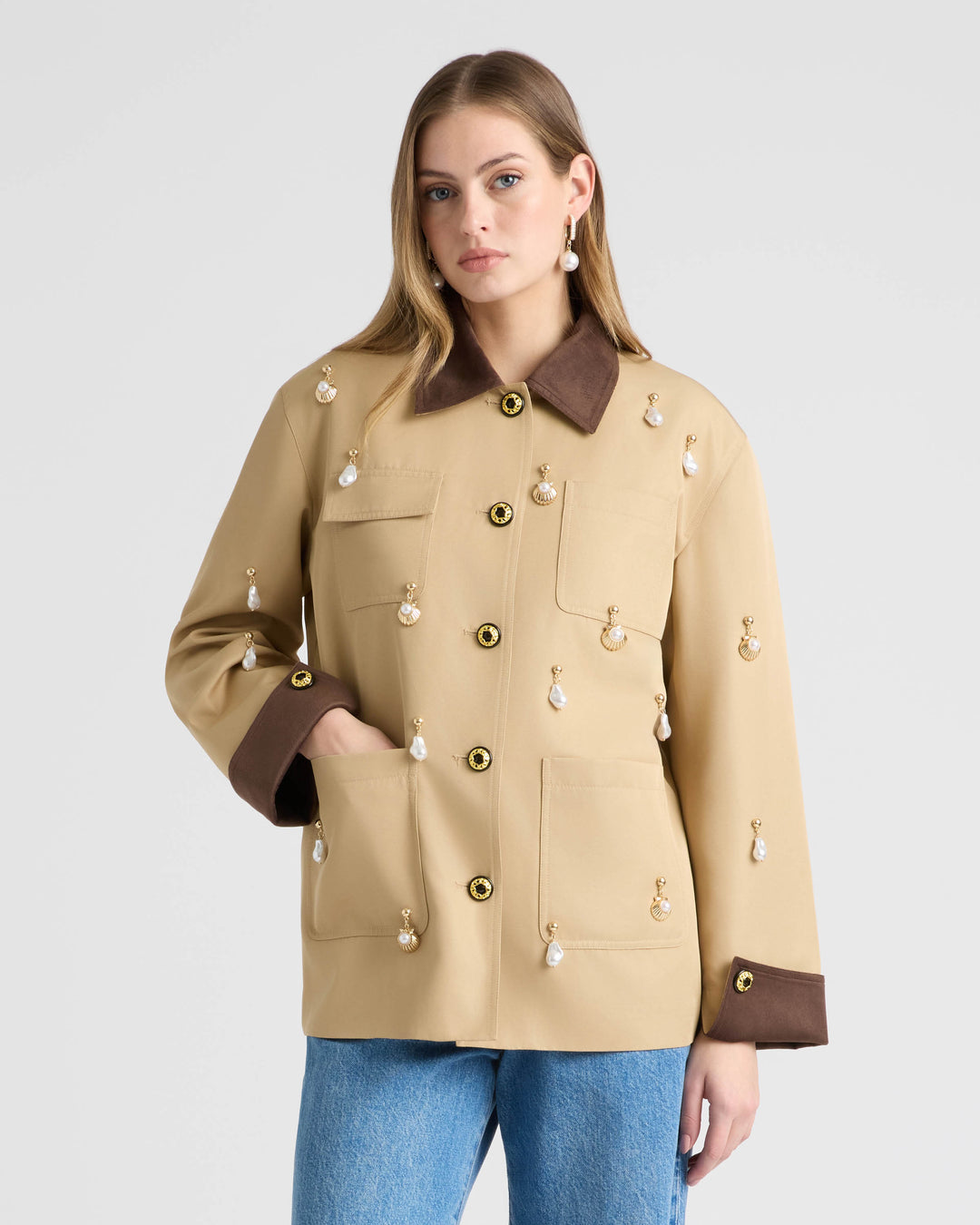 Jacket with Sueded Trims and Pearl Charms