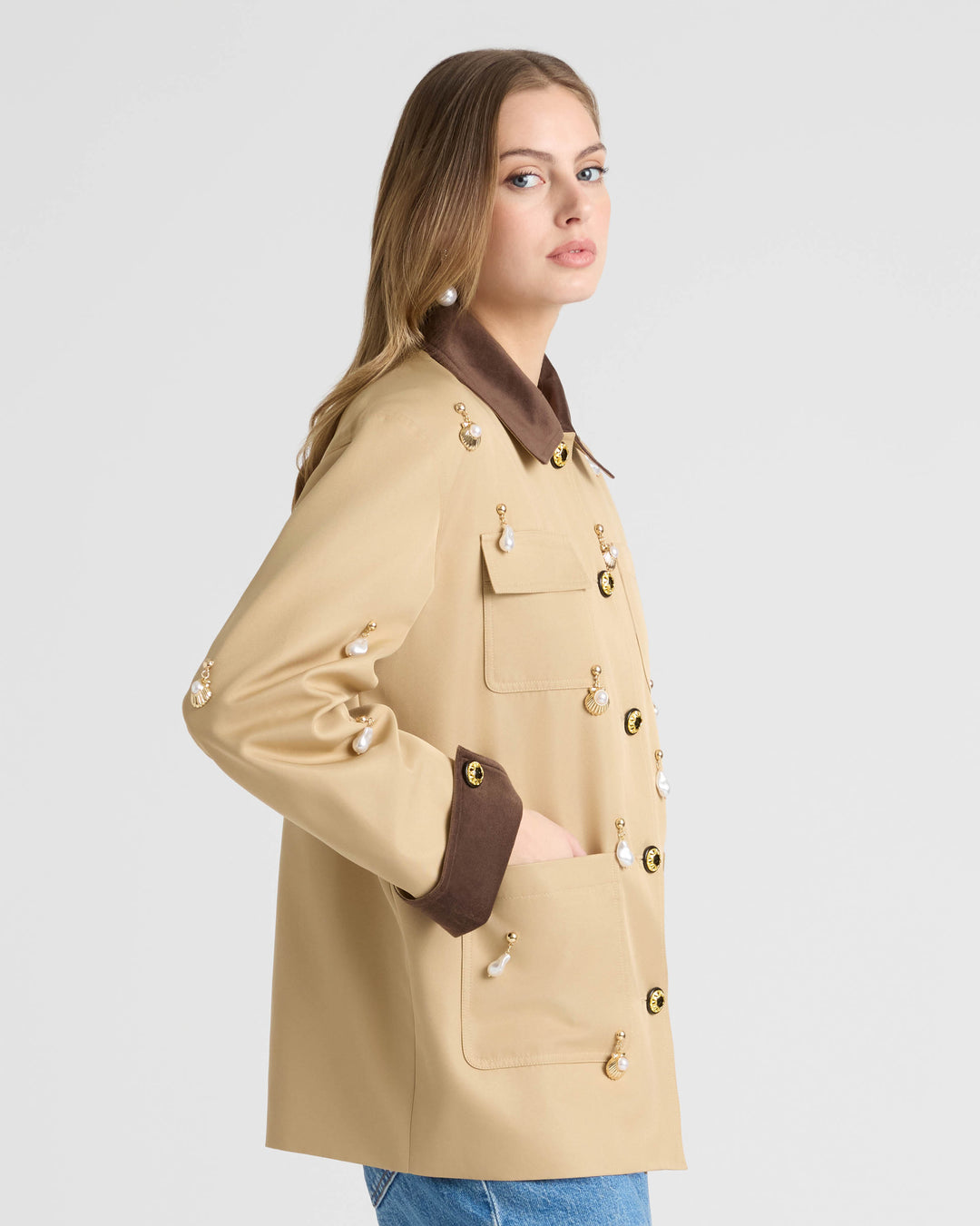 Jacket with Sueded Trims and Pearl Charms