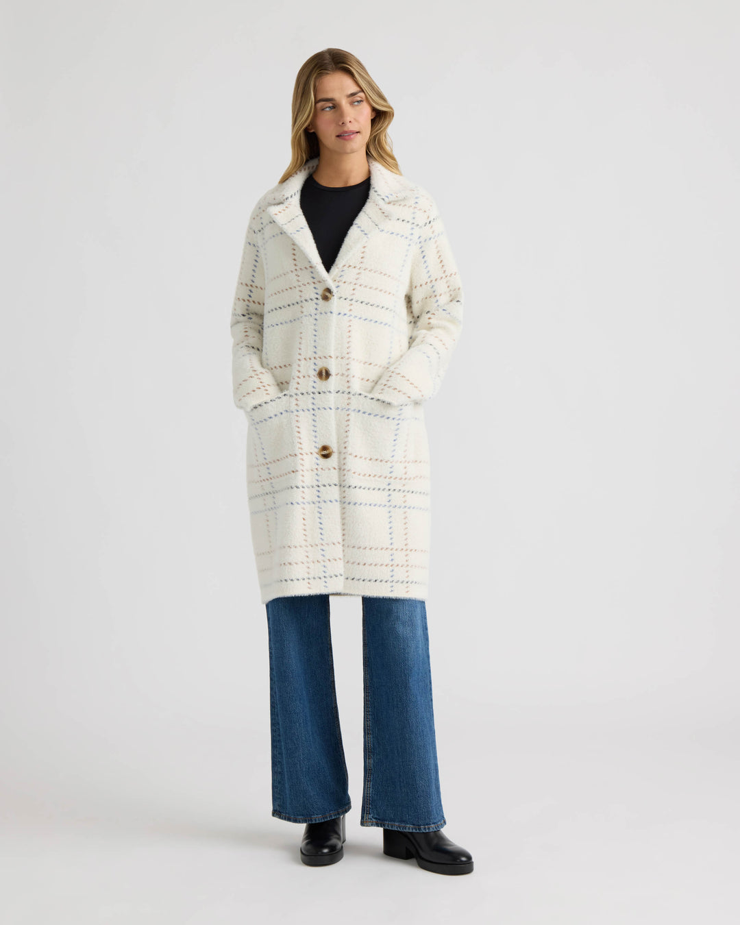 Patterned Coatigan with Notch Collar and Patch Pockets