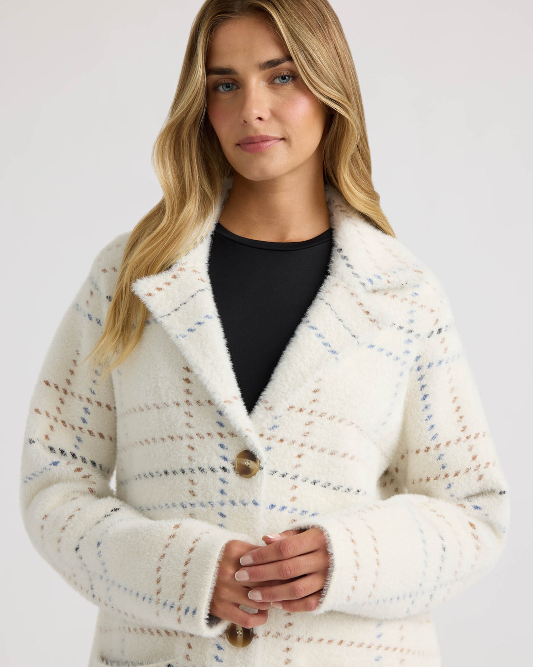 Patterned Coatigan with Notch Collar and Patch Pockets