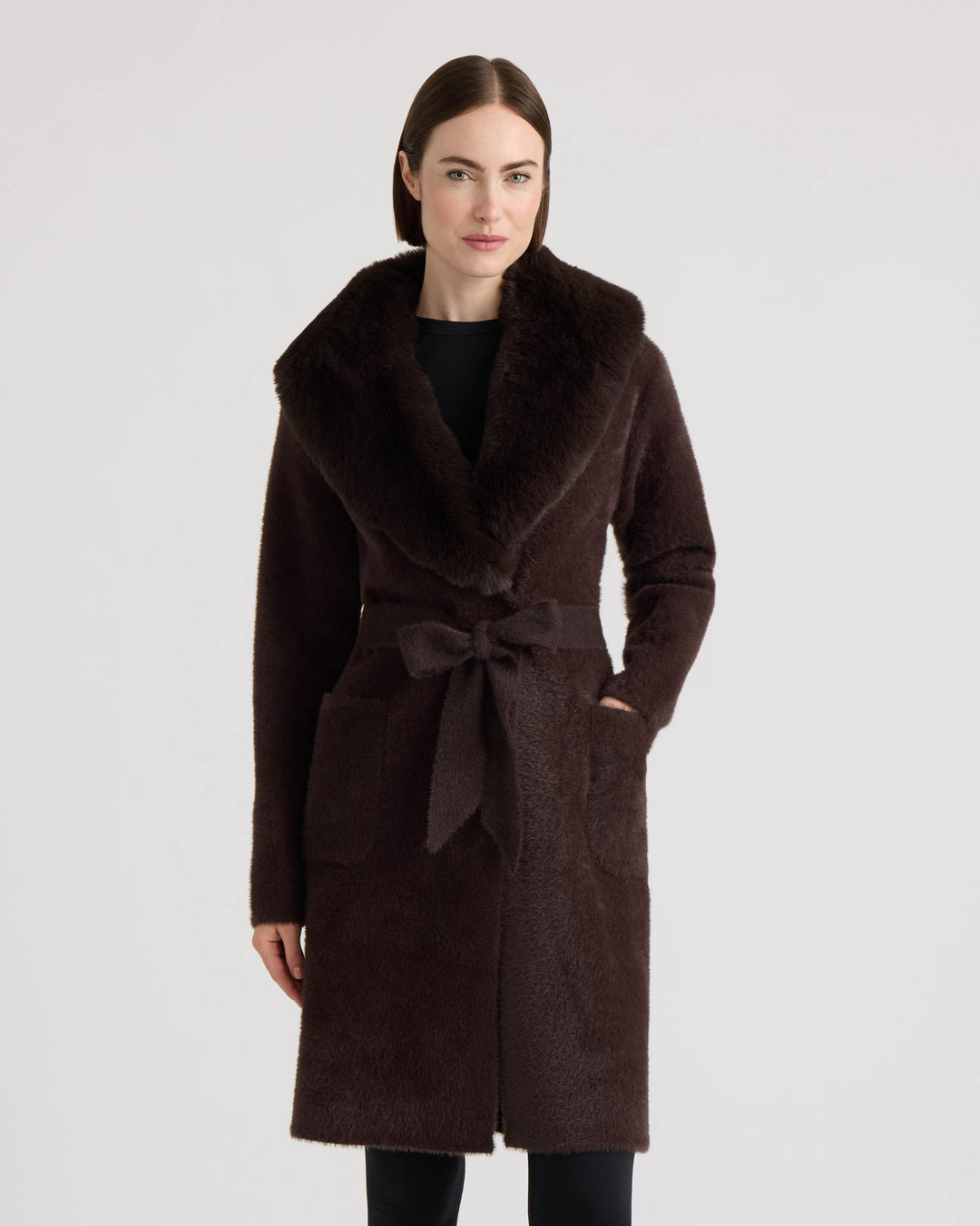Eyelash Belted Coatigan with Faux Fur Collar