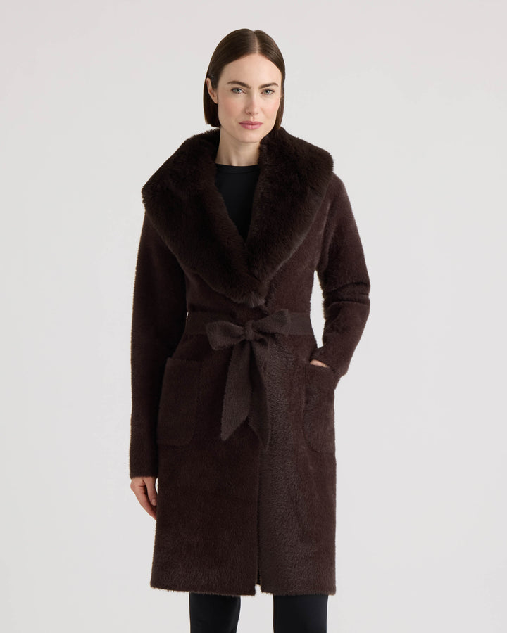 Eyelash Belted Coatigan with Faux Fur Collar