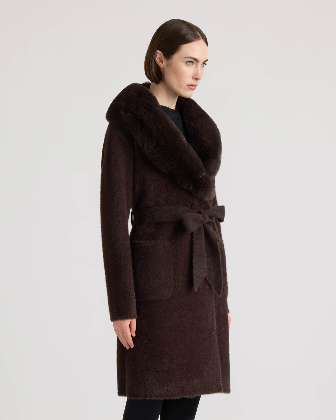 Eyelash Belted Coatigan with Faux Fur Collar