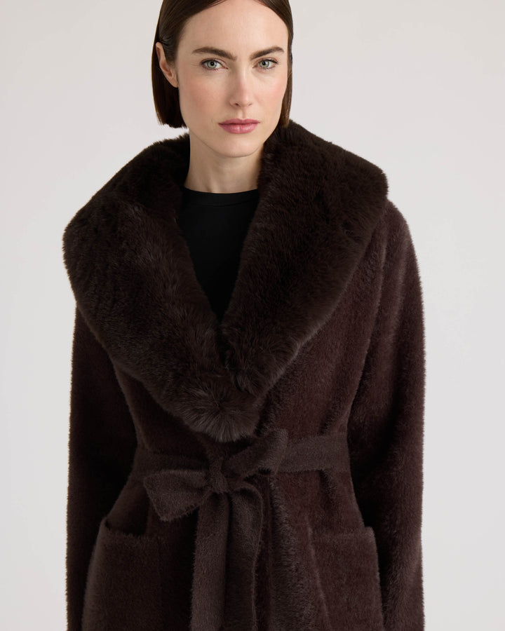Eyelash Belted Coatigan with Faux Fur Collar