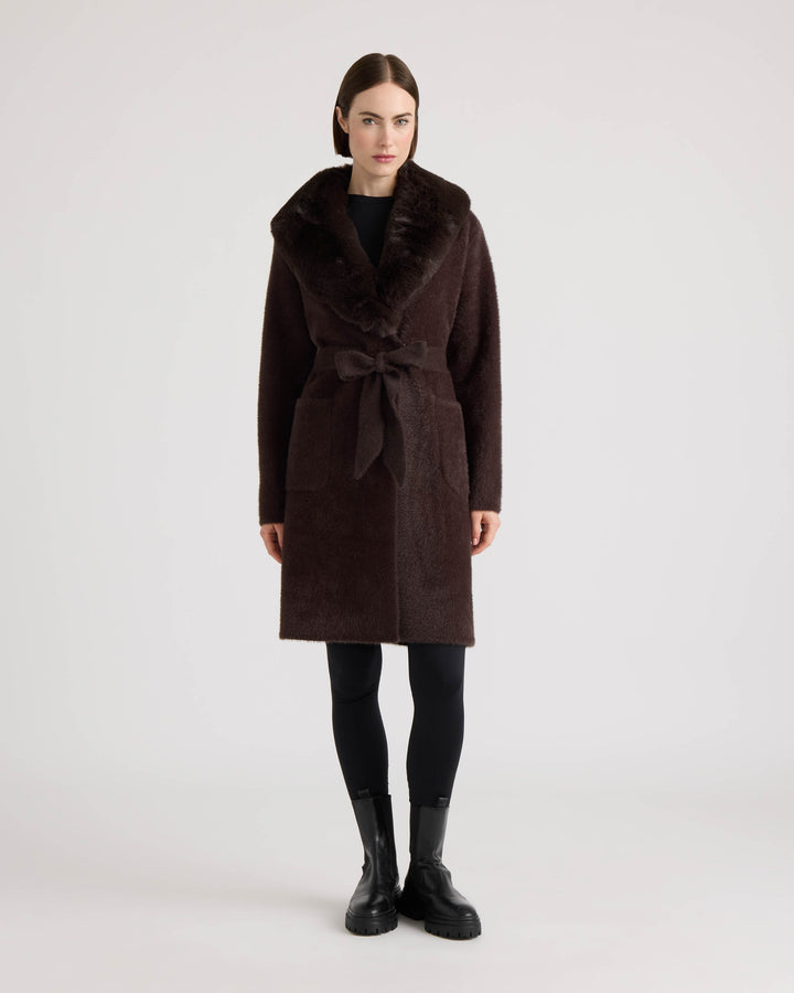 Eyelash Belted Coatigan with Faux Fur Collar