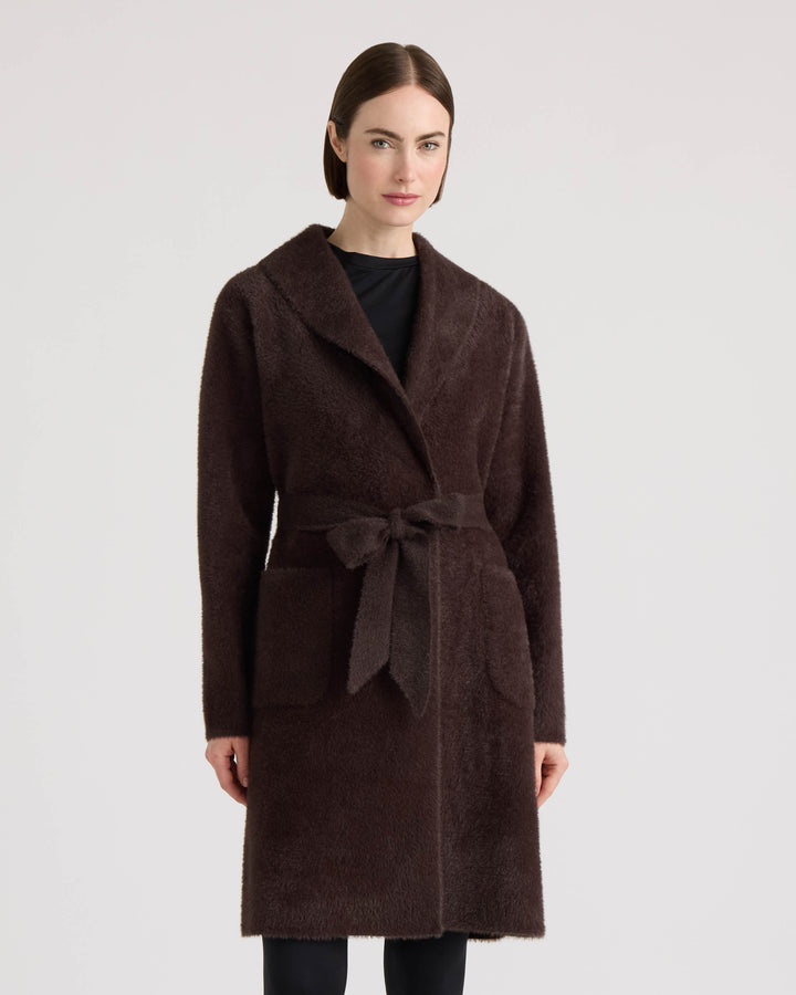 Eyelash Belted Coatigan with Faux Fur Collar