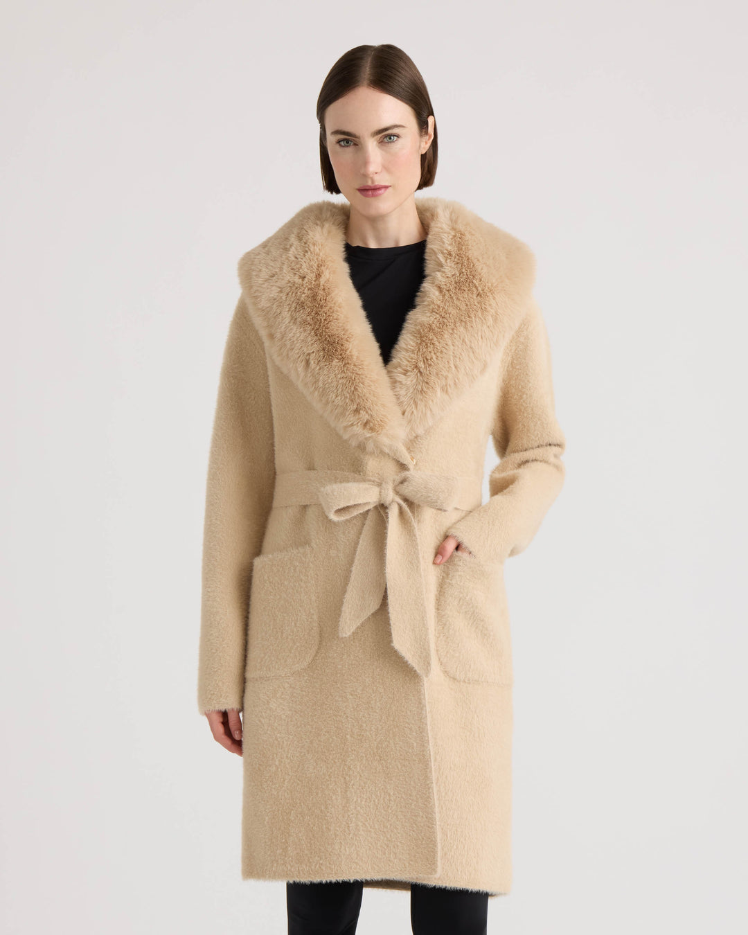 Eyelash Belted Coatigan with Faux Fur Collar