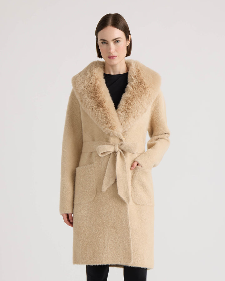 Eyelash Belted Coatigan with Faux Fur Collar