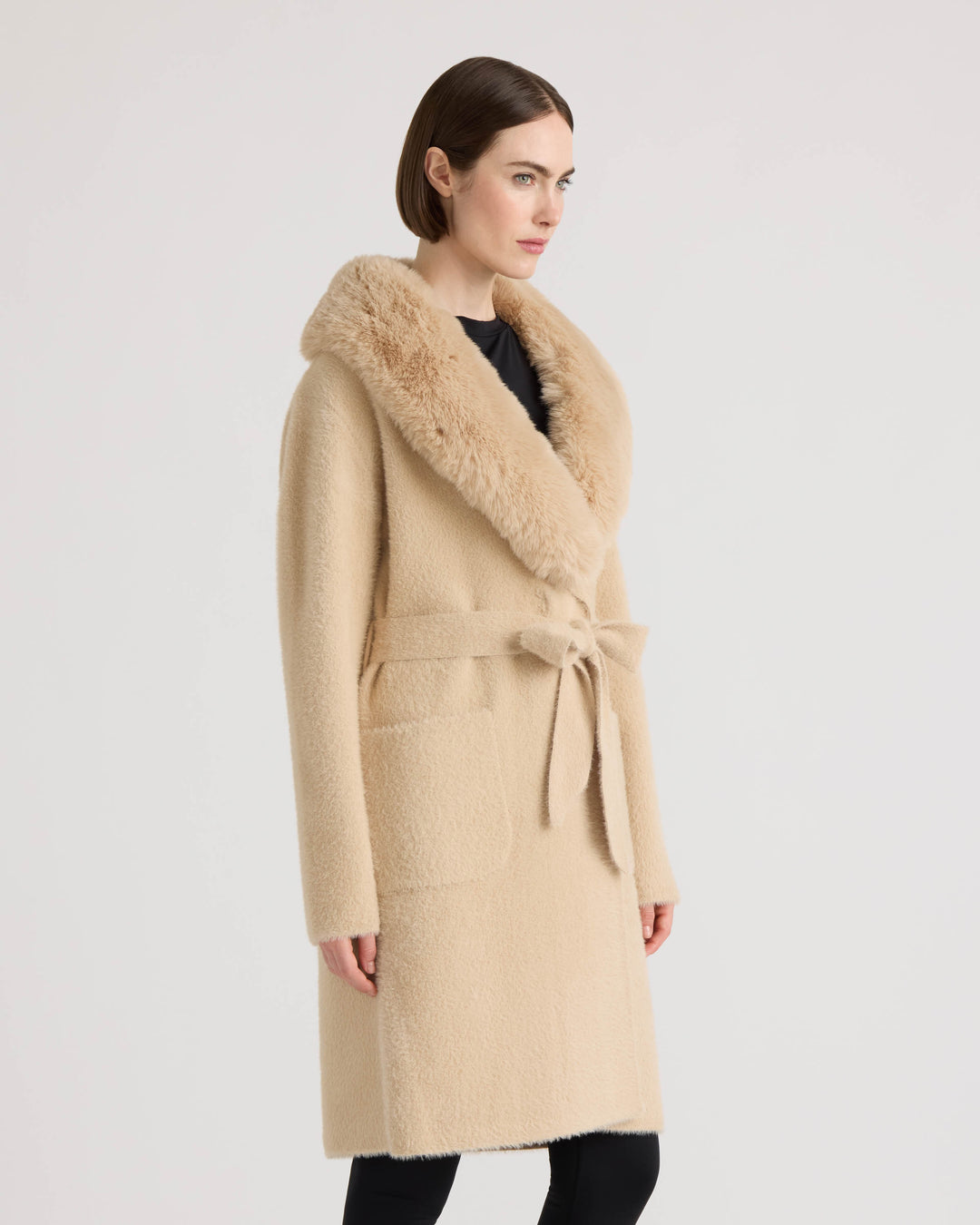Eyelash Belted Coatigan with Faux Fur Collar