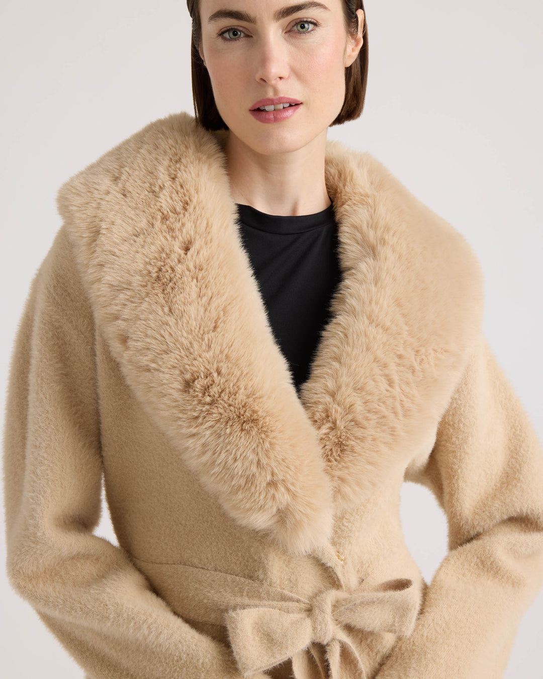 Eyelash Belted Coatigan with Faux Fur Collar