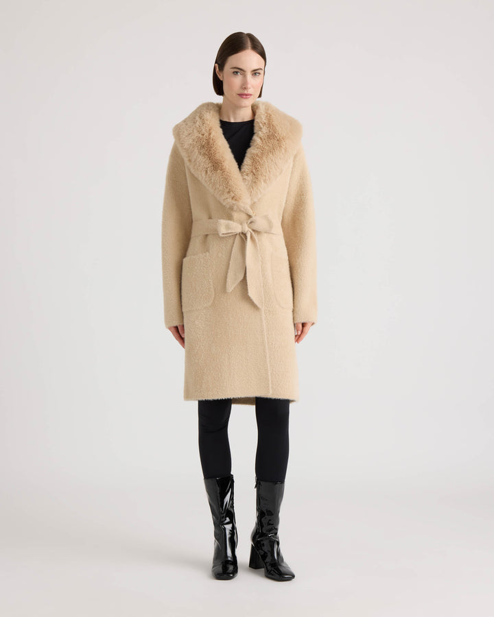 Eyelash Belted Coatigan with Faux Fur Collar