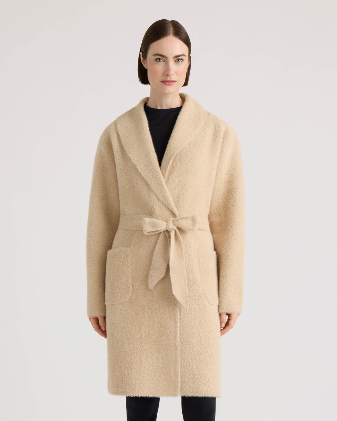 Eyelash Belted Coatigan with Faux Fur Collar