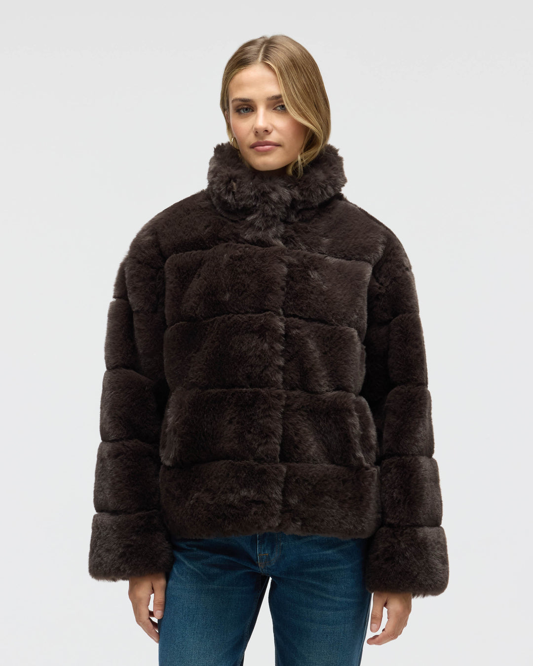 Wide Stripe Faux Fur Jacket with Stand Collar