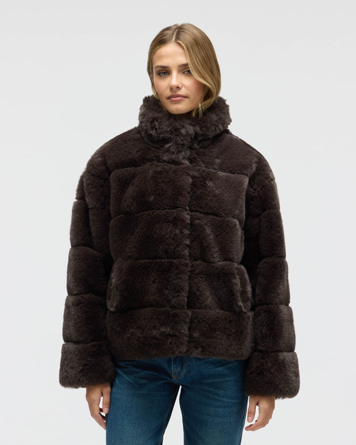 Wide Stripe Faux Fur Jacket with Stand Collar