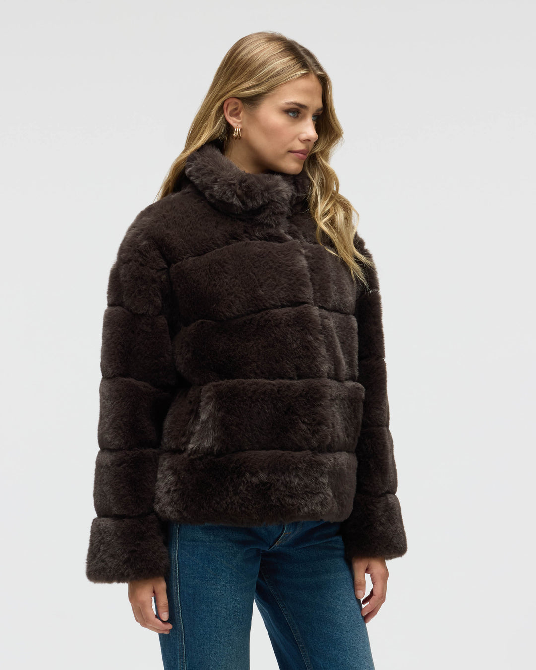 Wide Stripe Faux Fur Jacket with Stand Collar