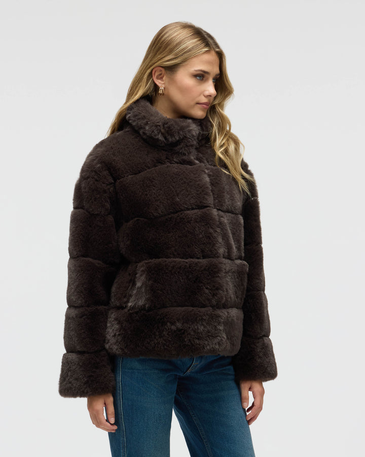 Wide Stripe Faux Fur Jacket with Stand Collar
