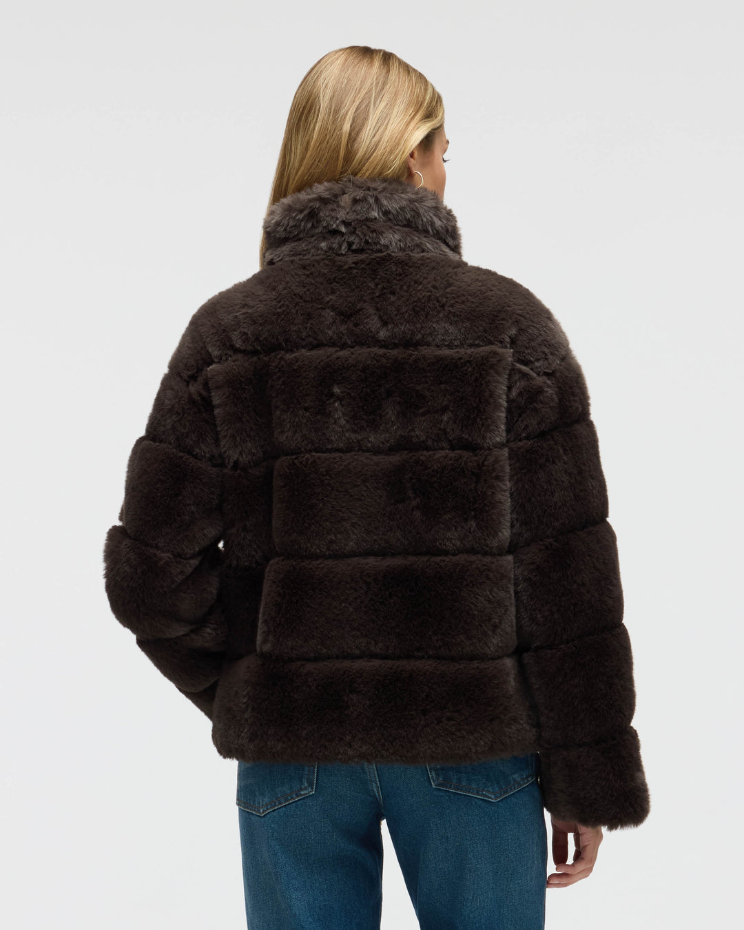 Wide Stripe Faux Fur Jacket with Stand Collar