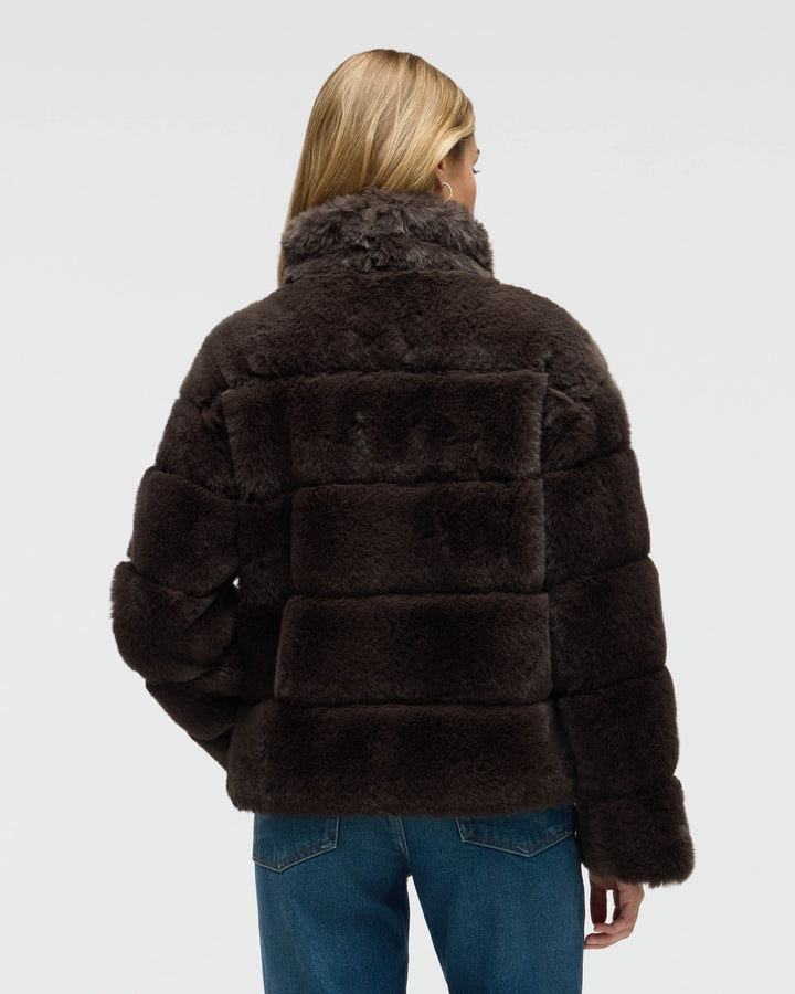 Wide Stripe Faux Fur Jacket with Stand Collar