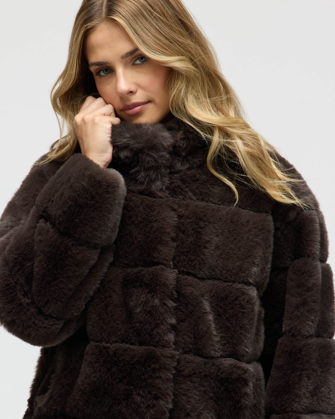 Wide Stripe Faux Fur Jacket with Stand Collar
