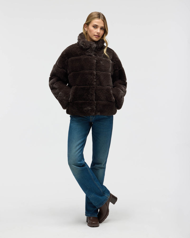 Wide Stripe Faux Fur Jacket with Stand Collar