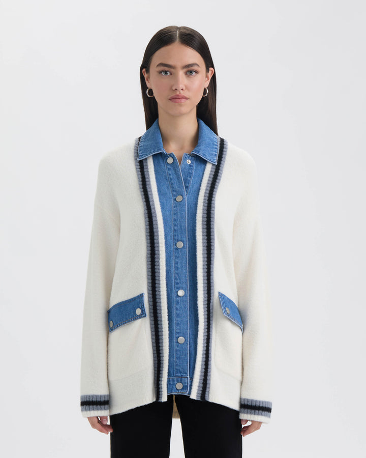 Twofer Cardigan with Denim Shirt