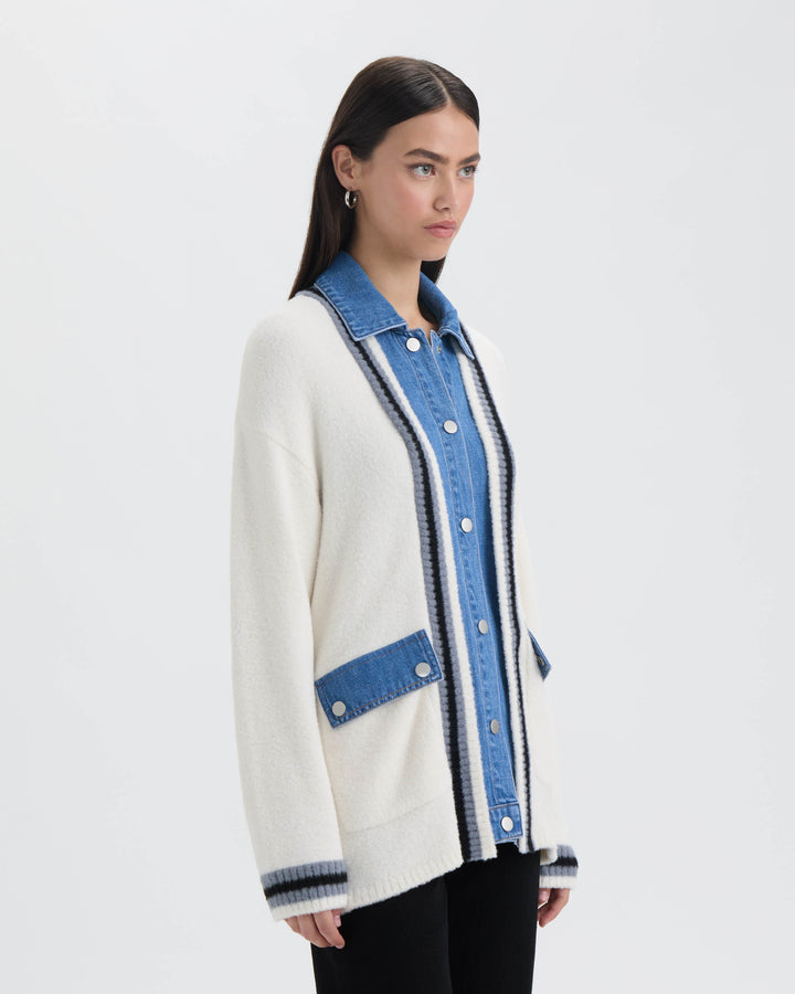 Twofer Cardigan with Denim Shirt