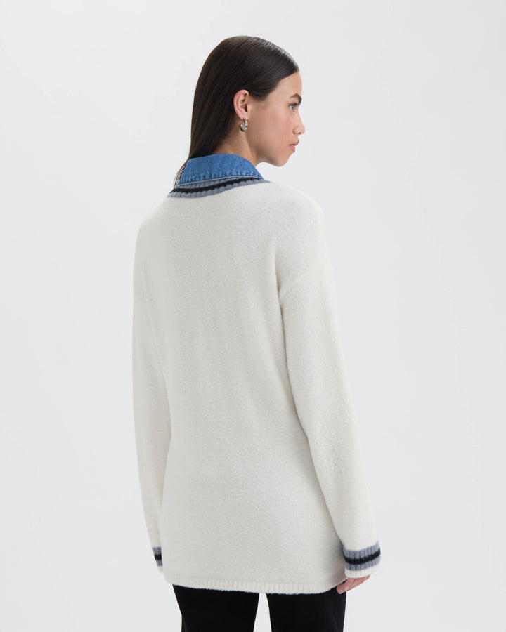 Twofer Cardigan with Denim Shirt