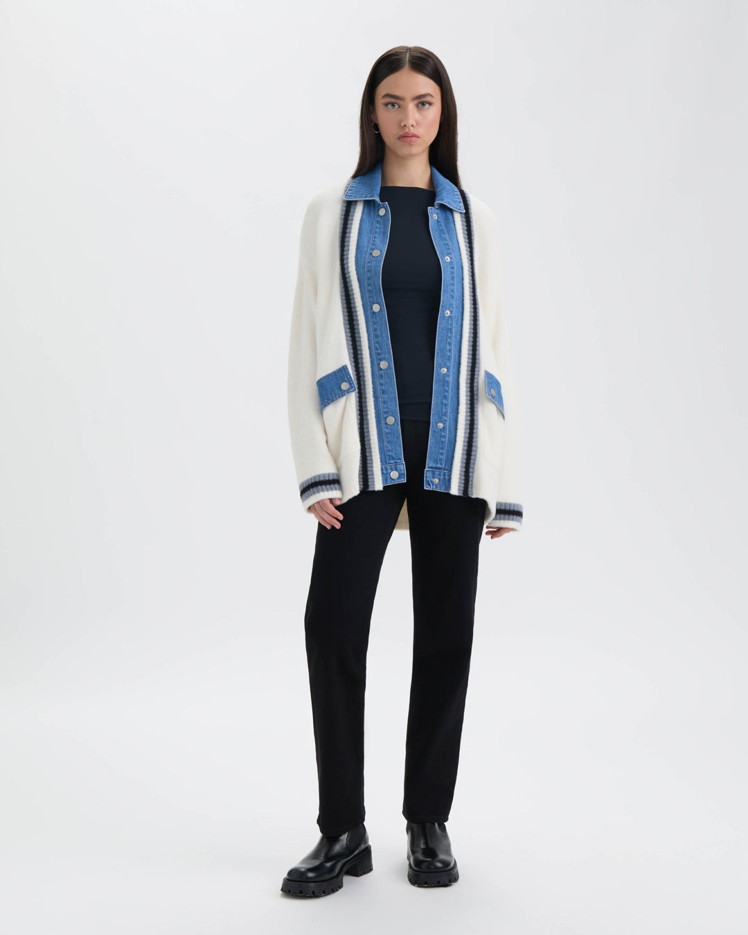 Twofer Cardigan with Denim Shirt