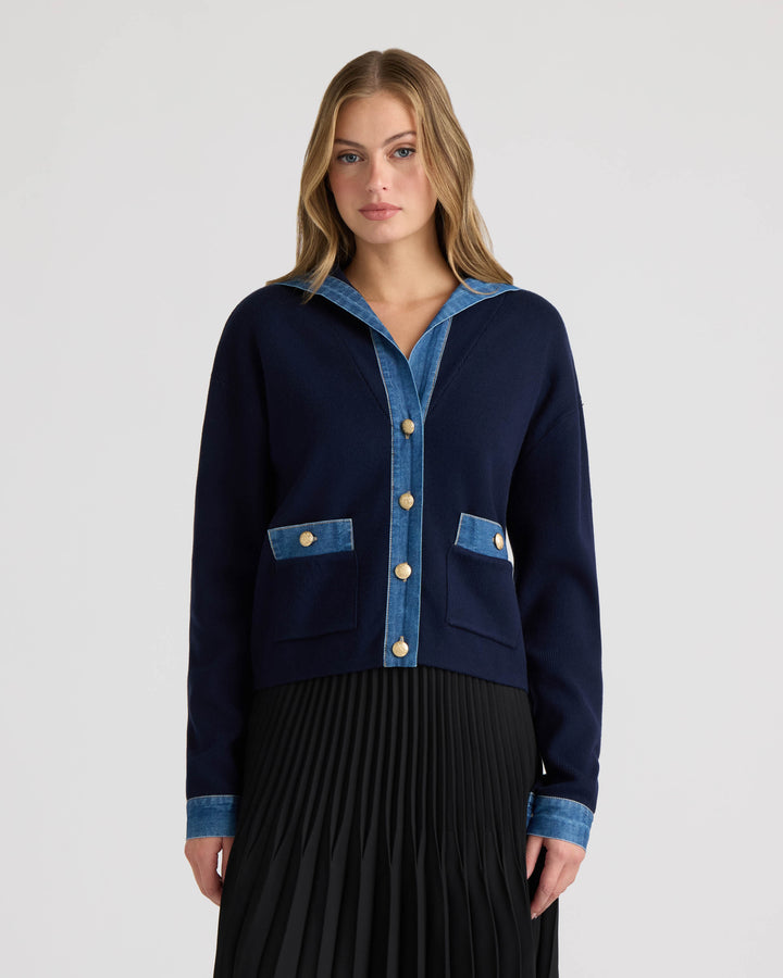 Sailor Collar Cardigan with Denim Detailing