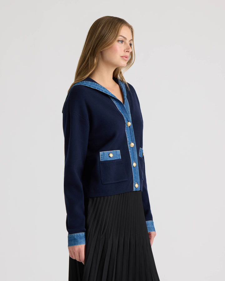 Sailor Collar Cardigan with Denim Detailing
