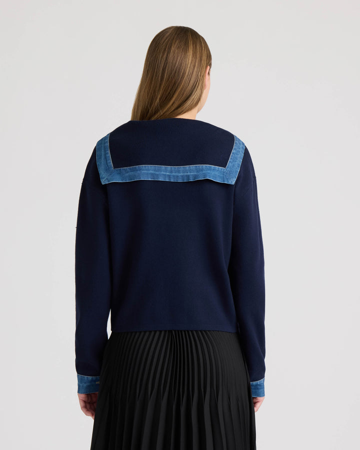 Sailor Collar Cardigan with Denim Detailing