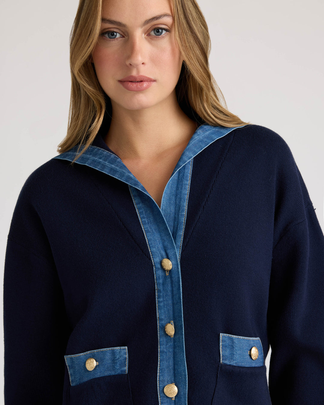 Sailor Collar Cardigan with Denim Detailing