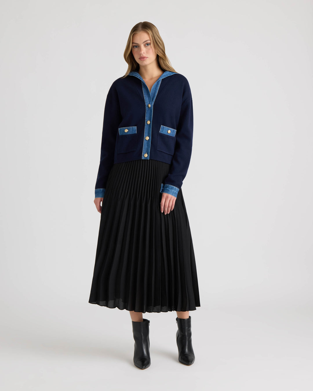 Sailor Collar Cardigan with Denim Detailing