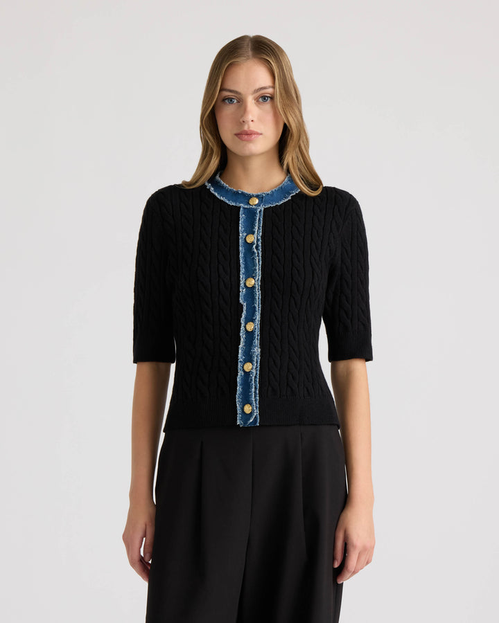 Short Sleeve Cable Sweater with Denim Trim