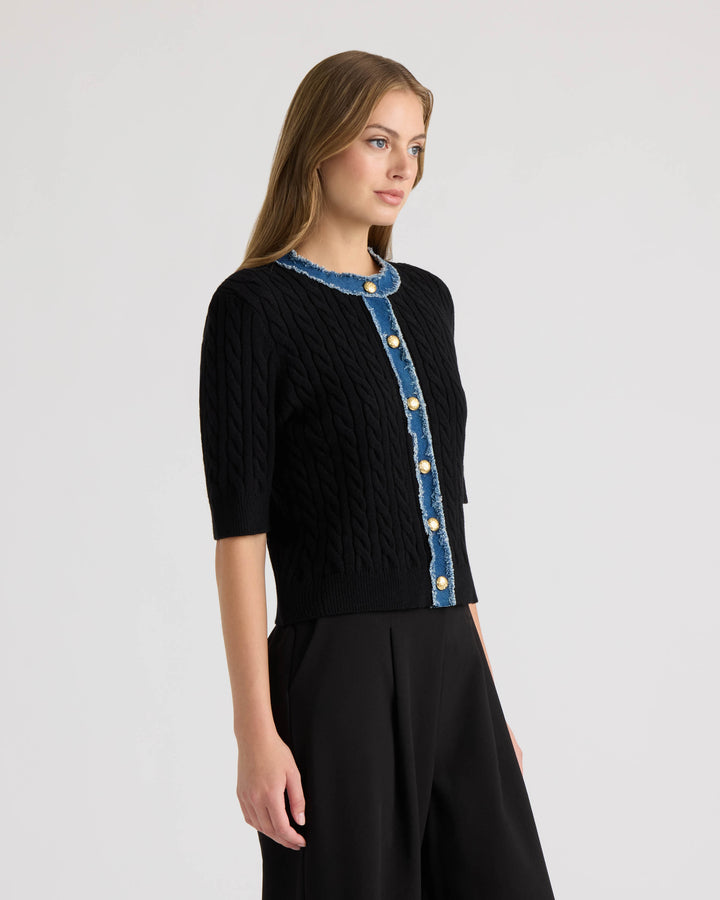 Short Sleeve Cable Sweater with Denim Trim